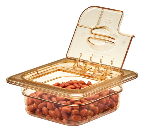 60HPLN150 - FlipLid with open window on amber coloured 65mm deep gastronorm pan containing red beans