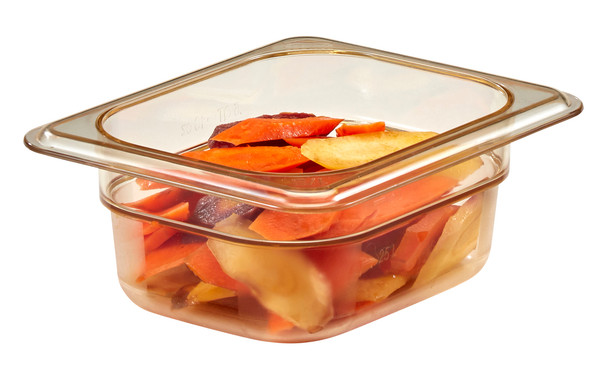 82HP150 - Cambro High Heat Gastronorm Food Pan 1/8 with amber colouration containing sliced vegetables, including carrot and parsnip