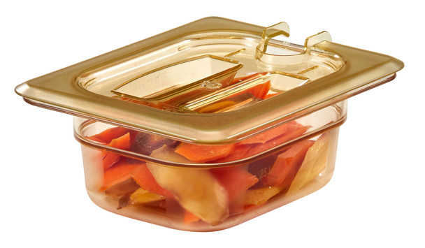 80HPCHN150 - Notched cover with Handle on amber 65mm deep gastronorm pan that contains sliced vegetables