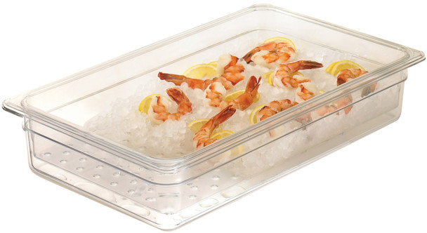 14CW135 - A 100mm deep, rectangular, polycarbonate food pan that is completely transparent & contains prawns, ice & colander