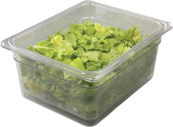 25CLRCW135 - A 1/1 sized Cambro Polycarbonate Colander Pan that is placed within a food pan and contains chopped lettuce