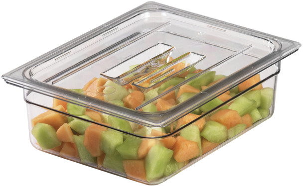 20CWCH135 - Transparent half sized polycarbonate cover placed on 100mm deep transparent gastronorm pan containing melon chunks