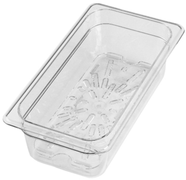 30CWD135 - GN 1/3 polycarbonate drain shelf placed within a clear polycarbonate gastronorm pan
