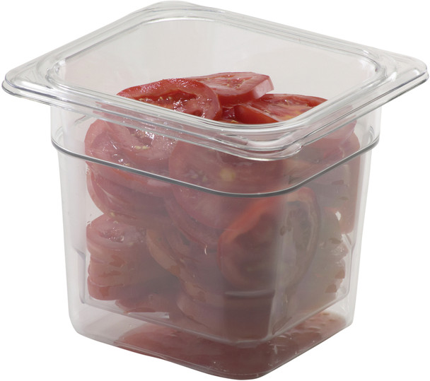 66CW135 - One-sixth sized, 100% transparent, Cambro Polycarbonate Gastronorm Pan with sliced tomatoes