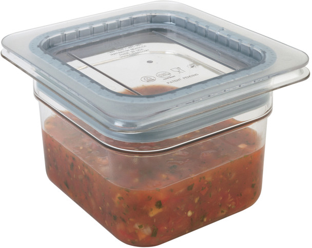 60CWGL135 - GripLid placed on 100mm deep Polycarbonate Gastronorm Pan filled with broth