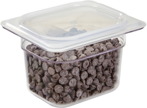 84CW135 - 1/8 sized, 100% transparent, Cambro Polycarbonate Gastronorm Pan with sliced chocolate chips & seal cover