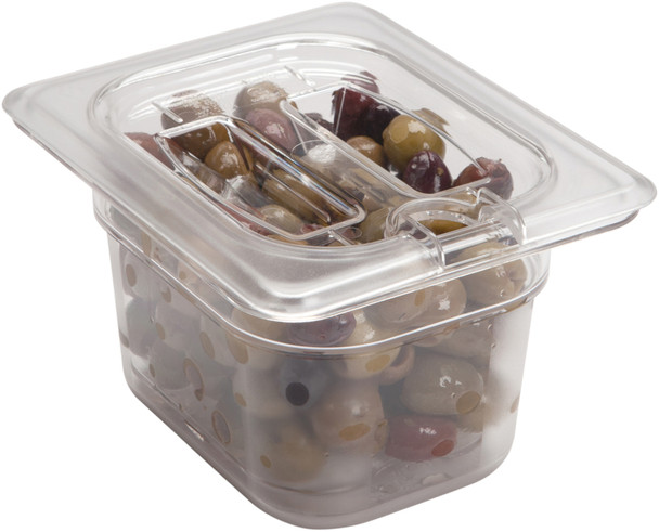 84CW135 - 1/8 sized, 100% transparent, Cambro Polycarbonate Gastronorm Pan with olives & notched cover