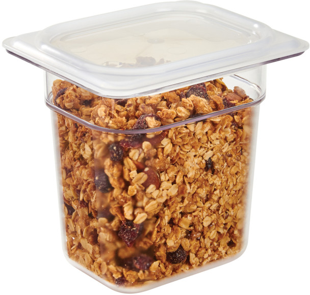 86CW135 - 1/8 sized, 100% transparent, Cambro Polycarbonate Gastronorm Pan containing granola & fitted with a seal cover