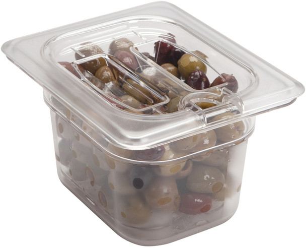 80CWCHN135 - Notched Cover with Handle place on 100mm deep transparent food pan containing olives