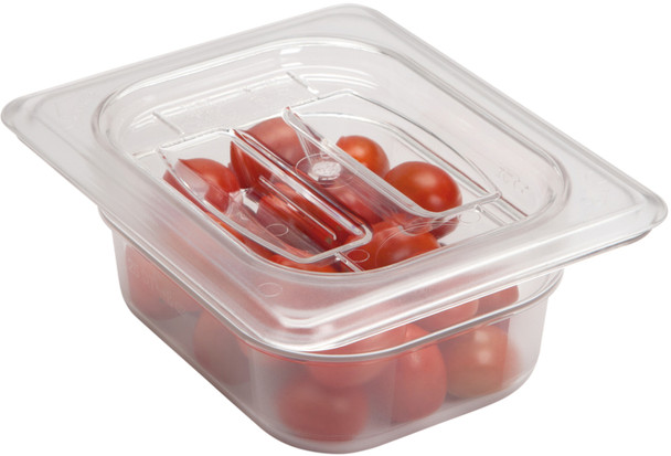 80CWCH135 - Transparent one-eighth sized polycarbonate cover with deep moulded handle placed on 65mm gastronorm pan containing cherry tomatoes