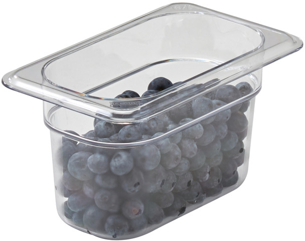 94CW135 - 1/9 sized, 100% transparent, Cambro Polycarbonate Gastronorm Pan containing blueberries