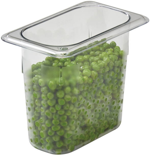 96PCW135 - 1/9 sized, 100% transparent, Cambro Polycarbonate Gastronorm Pan containing garden peas