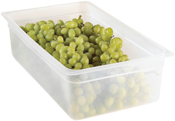 16PP190 - A full sized, 150mm deep, rectangular gastronorm food pan that is manufactured from translucent polypropylene and contains grapes