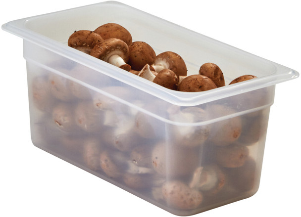 44PP190 - A quarter sized, translucent polyproylene gastronorm food pan containing mushrooms
