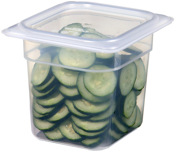 66PP190 - A 1/6 sized, 150mm deep, rectangular gastronorm food pan containing cucumber slices & fitted with a seal cover