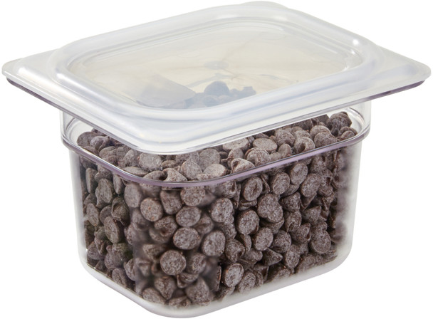 80PPCWSC190 - GN 1/8 transparent seal cover fitted to 150mm deep polycarbonate food pan containing chocolate chips
