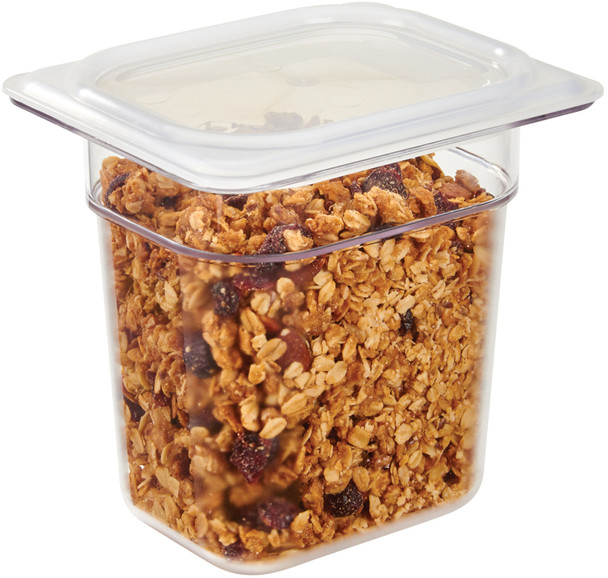 80PPCWSC190 - GN 1/8 transparent seal cover fitted to 150mm deep polycarbonate food pan containing granola