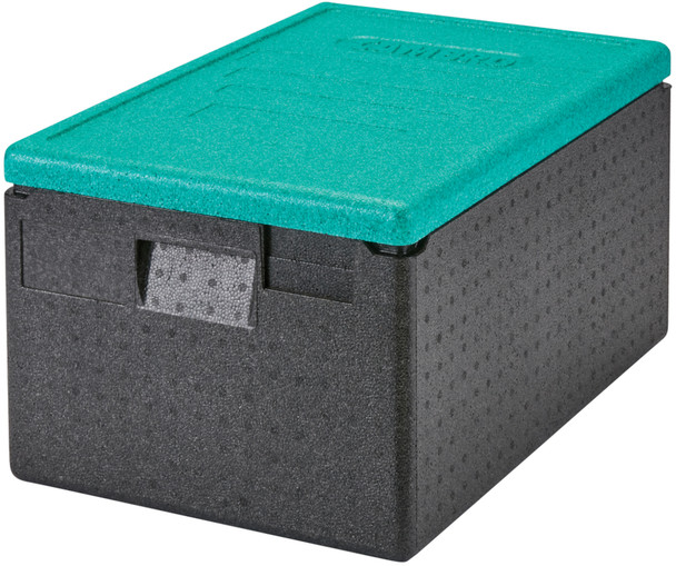 EPP3253LID360 - A green Cambro GoBox lid fitted to a black GoBox