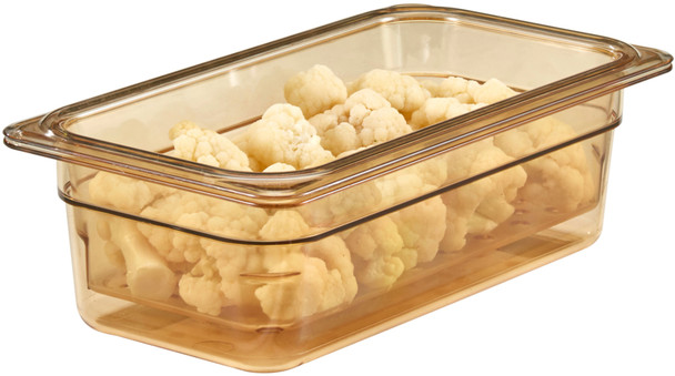 34HP150 - Cambro High Heat Gastronorm Food Pan with amber colouration containing colander filled with cauliflower