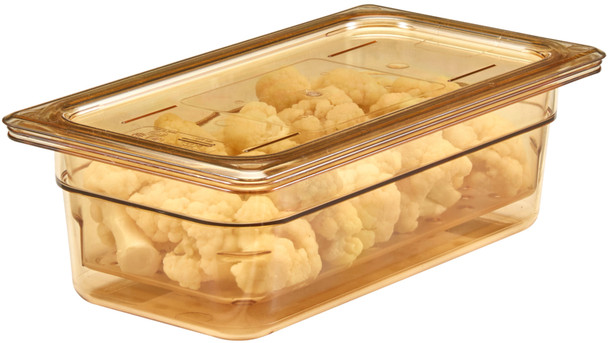 34HP150 - Cambro High Heat Gastronorm Food Pan with amber colouration containing colander filled with cauliflower and covered with flat lid