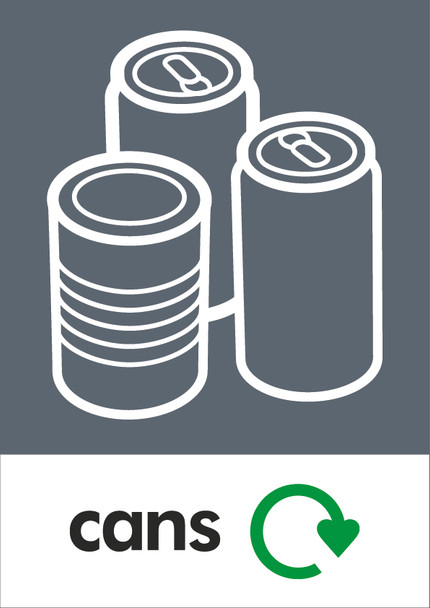PCA4MC - Large, A4 sticker with white outline of cans and tins on grey background, featuring recycling logo and cans text