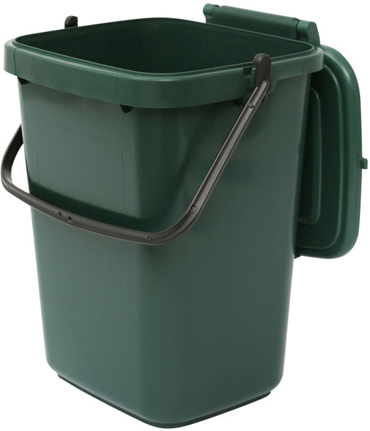 41586 - A tapered green container pictured showing the front and side of the receptacle with black handle positioned to the front and open lid