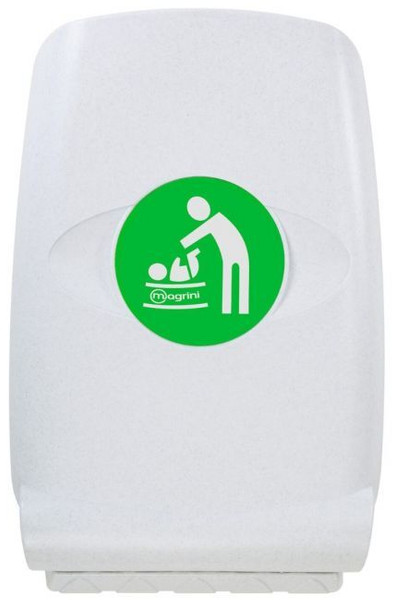 MV64WHT - A white coloured polyethylene changing unit that is in its folded position and displays a sticker featuring baby changing iconography