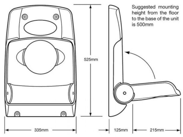 MX33OAT Technical drawing of Stay-Safe Baby Seat showing dimensions when stowed and open