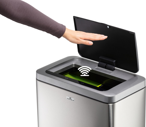 342423 - Durable No Touch Duo Sensor Bin - 2 x 20 Ltr - Silver - Motion Sensor with Lid Open
