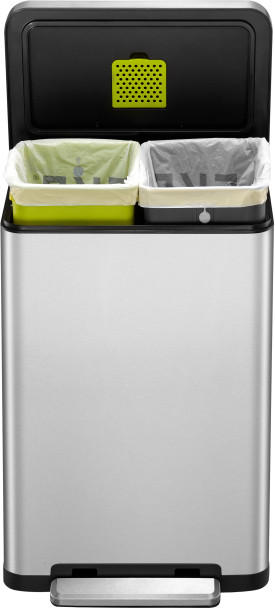 EK9368MT2020 - EKO X Cube Dual Stream Kitchen Pedal Bin - 20 + 20 Ltr - Stainless Steel - Lid Open and inner buckets fitted with liners