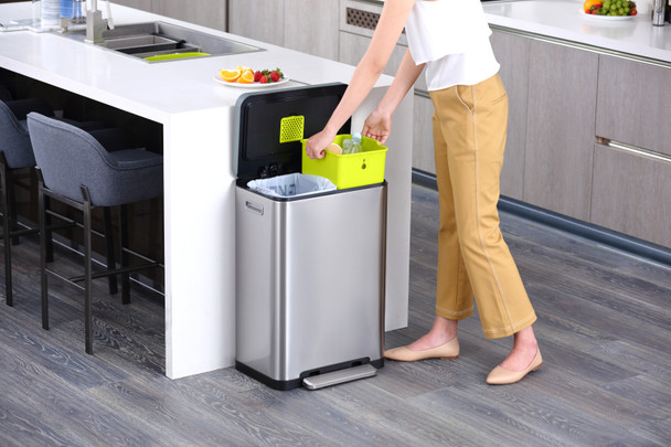 EK9368MT2020 - EKO X Cube Dual Stream Kitchen Pedal Bin - 20 + 20 Ltr - Stainless Steel - In Kitchen with user removing inner bucket