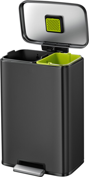EK9361MB2025 - EKO Maddison Dual Stream Kitchen Pedal Bin - 25 + 20 Ltr - Matt Black     - Lid Open Showing Buckets