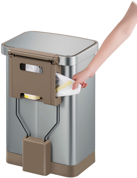EK9168MT50 - EKO Hudson Pedal Bin - 50 Ltr - Stainless Steel - Bin Bag Being Removed from Side of Holder