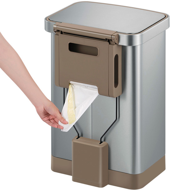 EK9168MT50 - EKO Hudson Pedal Bin - 50 Ltr - Stainless Steel - Bin Bag Being Removed from Bottom of Holder