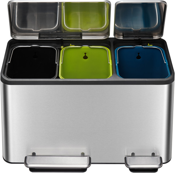 EK9128MT151515 - EKO Ecocasa Three Stream Recycling Pedal Bin - 45 Ltr - Stainless Steel - Front with Lids Open