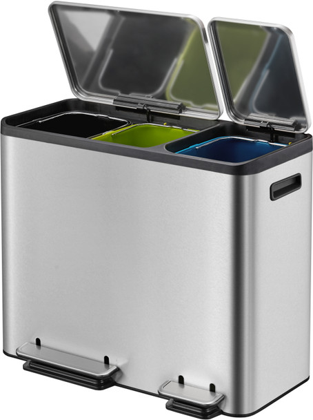 EK9128MT151515 - EKO Ecocasa Three Stream Recycling Pedal Bin - 45 Ltr - Stainless Steel - Lids Open