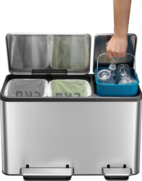 EK9128MT151515 - EKO Ecocasa Three Stream Recycling Pedal Bin - 45 Ltr - Stainless Steel - Lids Open and Bucket Being Removed