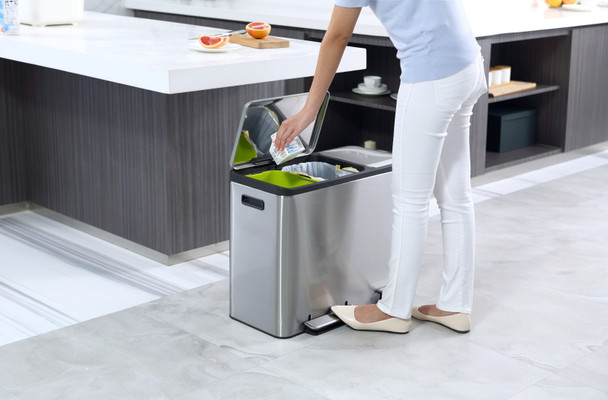 EK9128MT151515 - EKO Ecocasa Three Stream Recycling Pedal Bin - 45 Ltr - Stainless Steel - In a Kitchen and in use