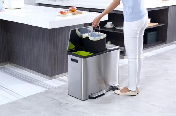 EK9128MT151515 - EKO Ecocasa Three Stream Recycling Pedal Bin - 45 Ltr - Stainless Steel - In a Kitchen and In Use