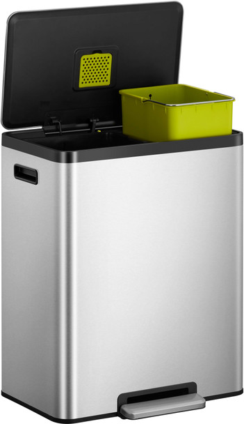 EK9128MT2436 - EKO Ecocasa Dual Stream Recycling Pedal Bin - 24 + 36 Ltr - Stainless Steel - Right with Lid Open and Green Bucket Elevated