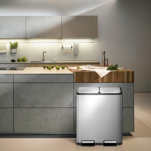 EK9128MT3030 - EKO Ecocasa Dual Stream Recycling Pedal Bin - 30 + 30 Ltr - Stainless Steel - Placed Behind Kitchen Island