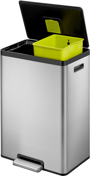 EK9138MT2020 - EKO Ecocasa II Dual Stream Recycling Pedal Bin - 40 Ltr - Stainless Steel - Lid Open with Elevated Green Inner Bucket