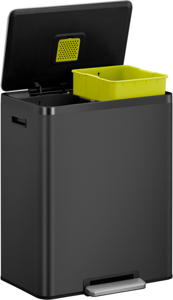 EK9138MB3030 - EKO Ecocasa II Dual Stream Recycling Pedal Bin - 60 Ltr - Matt Black - Lid Open with Elevated Green Inner Bucket