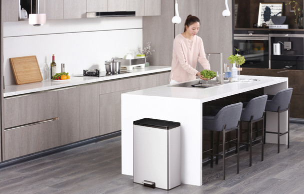 EK8228MT2020 - EKO Essential Dual Stream Recycling Pedal Bin - 40 Ltr - Stainless Steel - Placed at the End of a Kitchen Island