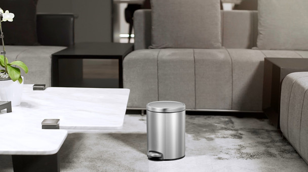 EK9115MT5 - EKO Eva Round Bathroom Pedal Bin - 5 Ltr - Stainless Steel - Situated by a Coffee Table