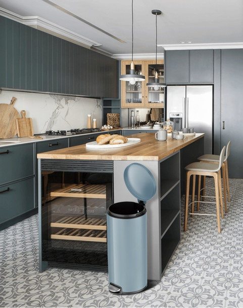 EK9115TB30 - EKO Eva Round Kitchen Pedal Bin - 30 Ltr - Titanium Blue - Situated in Kitchen with Lid Open