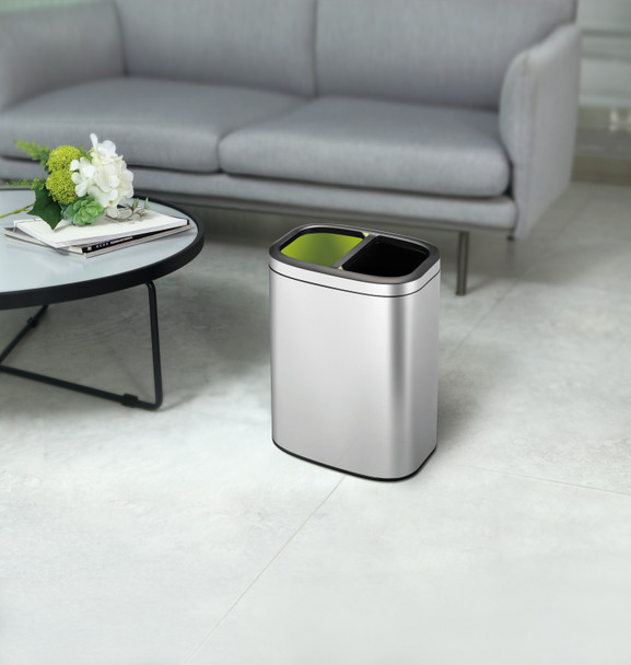 EK9036MT55 - EKO Oli-Cube Dual Stream Recycling Open Top Bin - 10 Ltr - Stainless Steel - Placed Next to Coffee Table