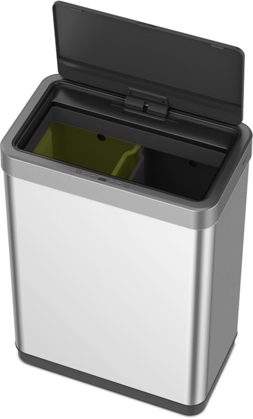EK9260MT2020 - EKO Mirage X Dual Stream Sensor Recycling Bin - 20 + 20 Ltr - Stainless Steel - Overhead with Lid Open Showing Liners