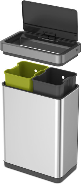 EK9260MT2020 - EKO Mirage X Dual Stream Sensor Recycling Bin - 20 + 20 Ltr - Stainless Steel - Lid Removed & Buckets Elevated Showing All Bin Components