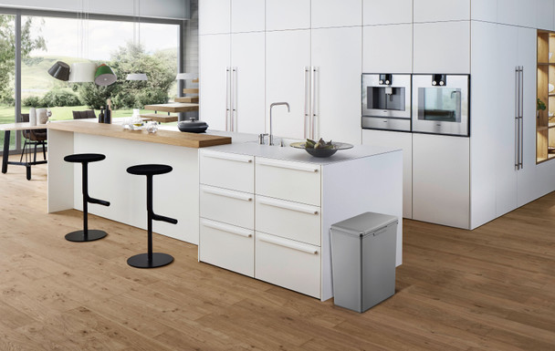 EK6187DG20 - EKO Morandi Touch Bin - 20 Ltr - Dark Grey - Situated at the End of a White Kitchen Island